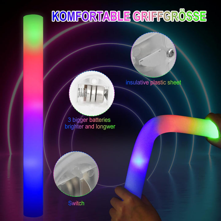 24Stück Leuchtstab LED Set,Weihnachten Mehrfarbig Schaumstoff Blinkstäbe,Knicklichter gross,Leuchten