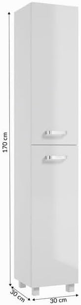 .Deftrans - Badschrank Hochglanz Weiss 170x30 cm – Schmaler Hochschrank fürs Badezimmer mit 4 Einleg