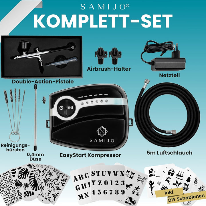 SAMIJO Airbrush Set mit Kompressor, leise, kompakt, vielseitig, Airbrush-Set für Einsteiger, inkl. [