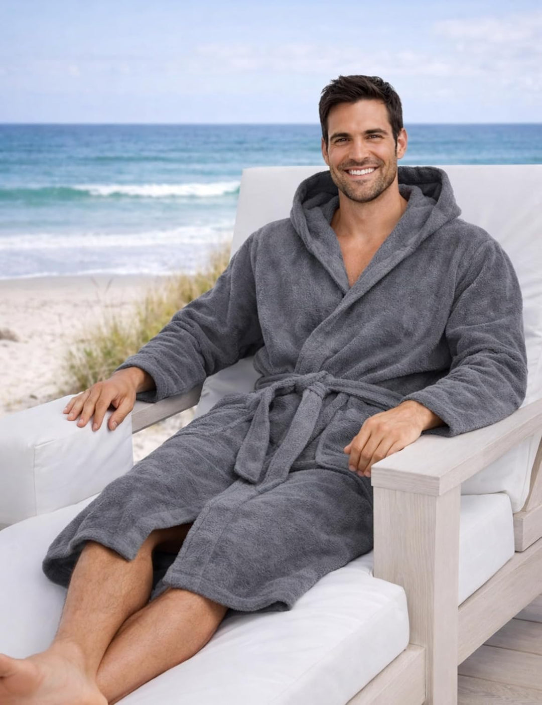 Morgenstern Bademantel Herren Kapuze Frottee 100% Baumwolle Lang Cadiz Salamanca XL Grau, XL Grau