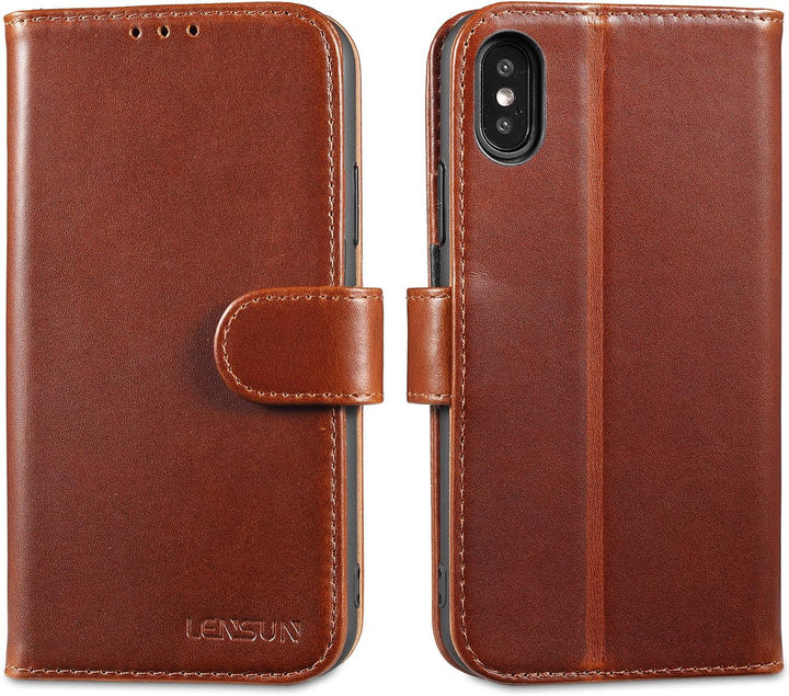 LENSUN Echtleder Hülle für iPhone XS, iPhone X Handyhülle [Echtes Leder][Magnetverschluss][RFID Schu