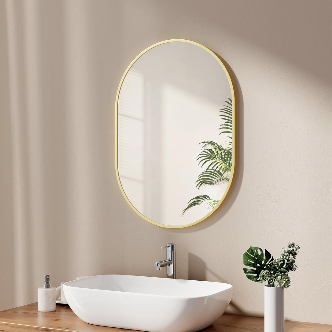EMKE Badspiegel Oval 50 x 70 cm Spiegel mit Goldener Rahmen Wandspiegel Oval Horizontal/Vertikal Bad