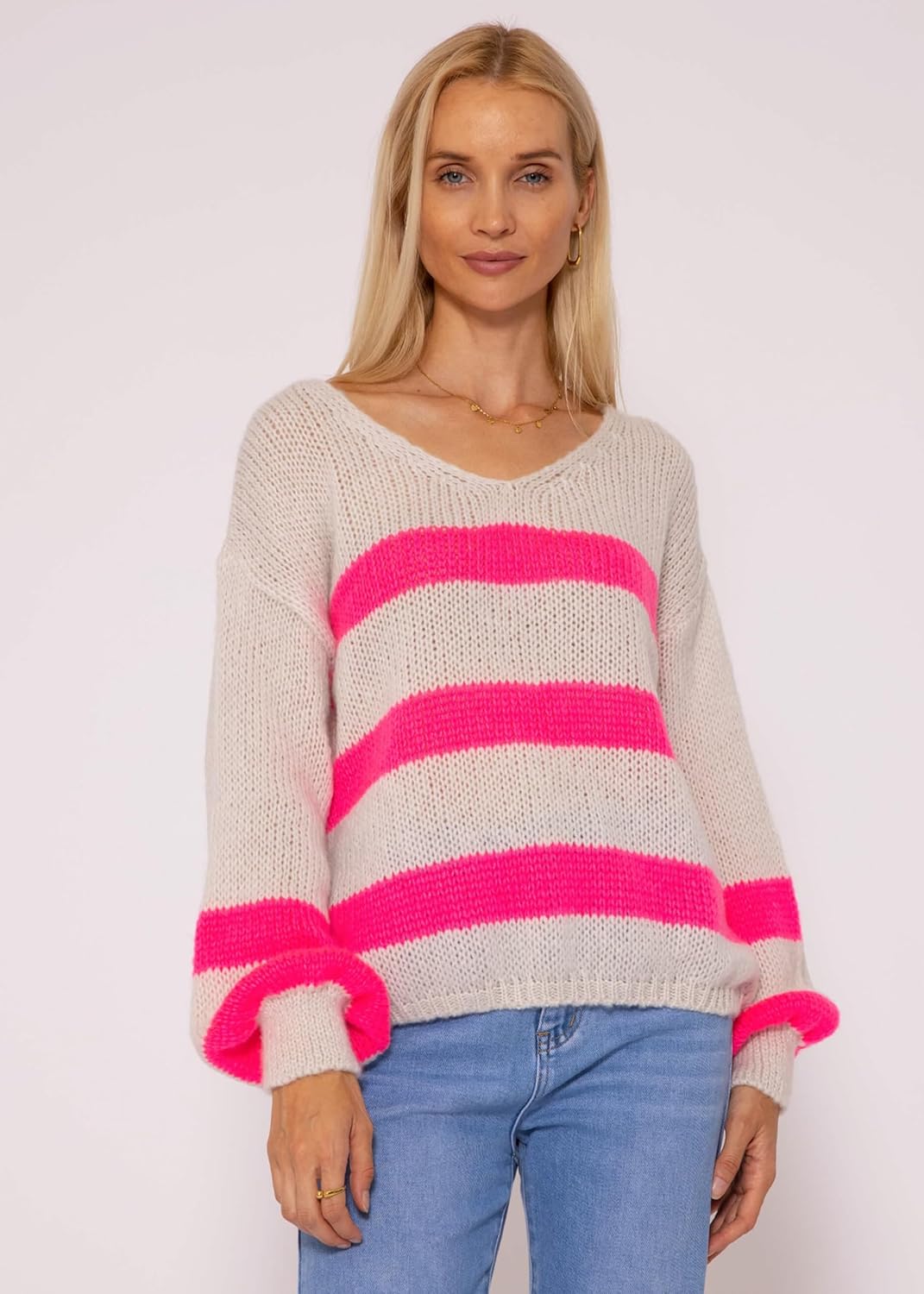 SASSYCLASSY Streifen Strickpullover Damen Oversize - Madie in Italy - grobmaschig V Ausschnitt Pulli