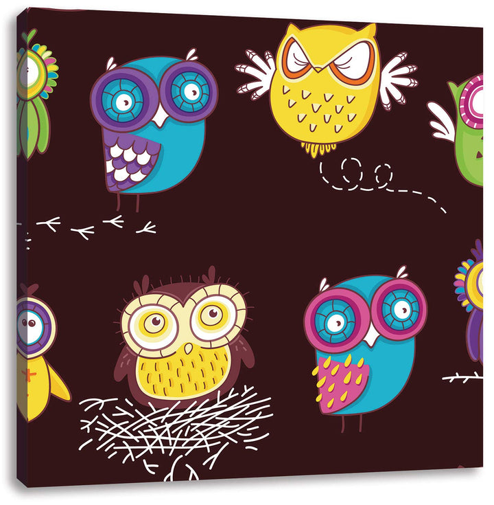 Verrückte Eulen für Kinder, Format: 70x70 auf Leinwand, XXL riesige Bilder fertig gerahmt mit Keilra