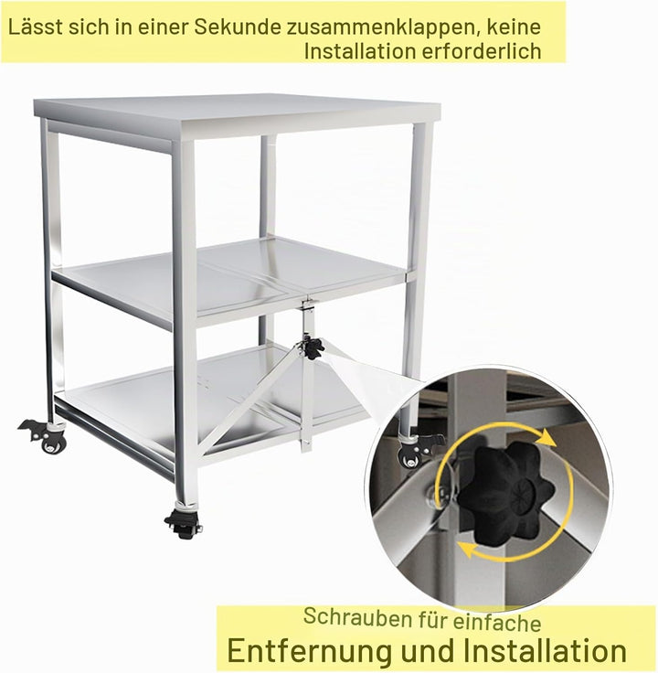 HIYOUGO Servierwagen Arbeitstisch Edelstahl, 3 Böden Faltbar Edelstahl Rollwagen Küchentisch mit 4 R