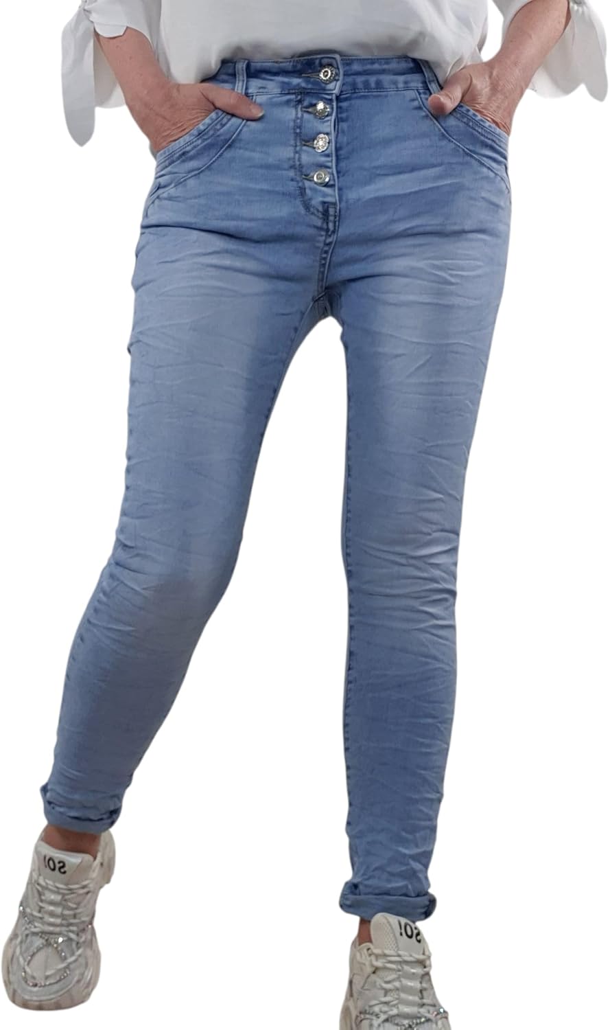 Jewelly Damen Boyfriend Stretch Jeans| Denim Hose für Frauen| 5-Pocket Bagggy Pants XS Light Wash, X