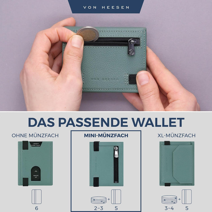 VON HEESEN Slim Wallet mit Münzfach & RFID-Schutz - Leder Geldbeutel - Mini Geldbörse für Herren und