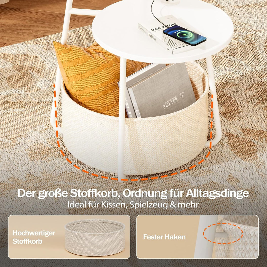 Rolanstar Beistelltisch Rund, Kleiner Tisch mit Ladestation, Runder Couchtisch mit grossem Stoffkorb
