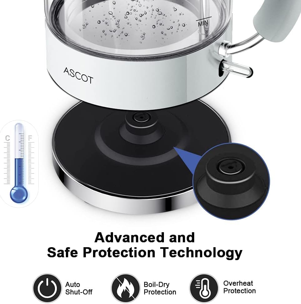 Wasserkocher Glas, ASCOT Elektrischer Wasserkocher Edelstahl, 2200W, 1,5L, BPA frei, leiser Schnellk
