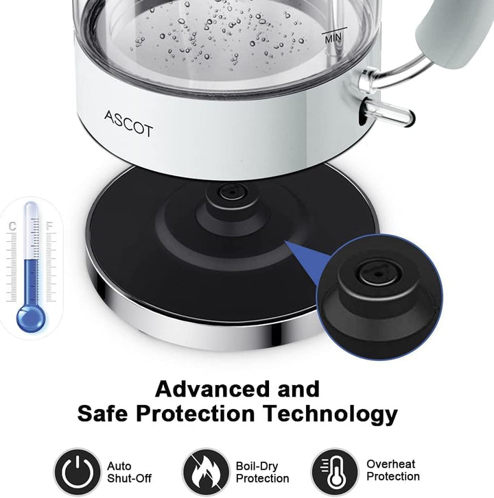 Wasserkocher Glas, ASCOT Elektrischer Wasserkocher Edelstahl, 2200W, 1,5L, BPA frei, leiser Schnellk