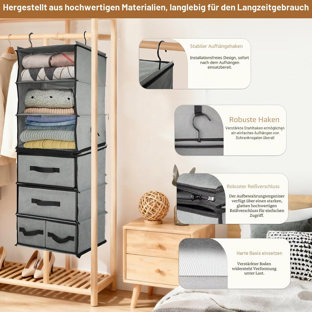 2-in-1-hängender Kleiderschrankorganisator mit 4 abnehmbaren Schubladen & 2 trennbaren hängenden Reg