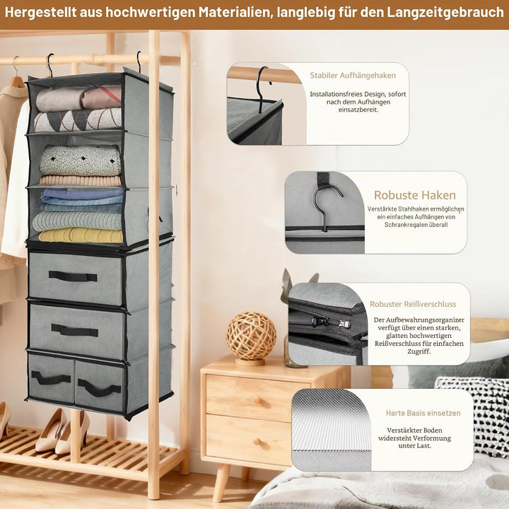 2-in-1-hängender Kleiderschrankorganisator mit 4 abnehmbaren Schubladen & 2 trennbaren hängenden Reg