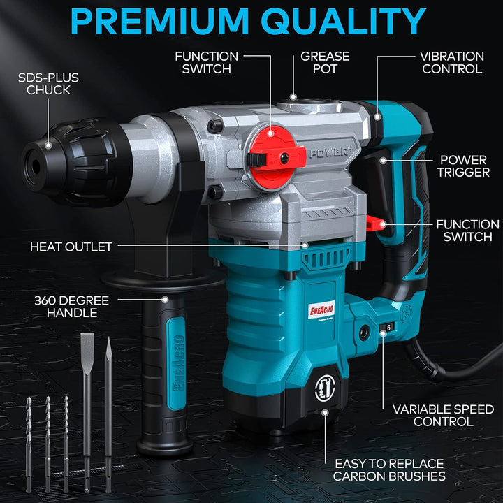 ENEACRO SDS-Plus Bohrhammer, 1500W 6Joule Abbruchhammer 6 Variable Geschwindigkeit 0-920U/Min mit 4