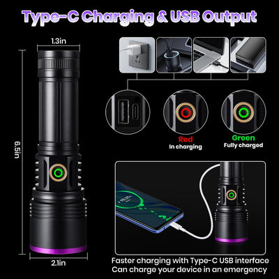 LEKIA 365nm UV Taschenlampe, 20W Leistungsstarke UV Lampe Type-C USB Aufladbar UV Licht Schwarzlicht