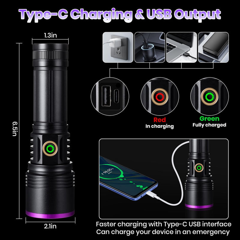 LEKIA 365nm UV Taschenlampe, 20W Leistungsstarke UV Lampe Type-C USB Aufladbar UV Licht Schwarzlicht