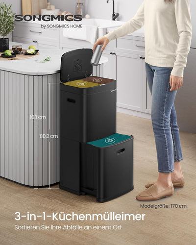 SONGMICS Mülleimer Küche, Mülltrennsystem 3 Fächer, 2 x 10 L und 30 L, Abfalleimer aus Stahl, platzs