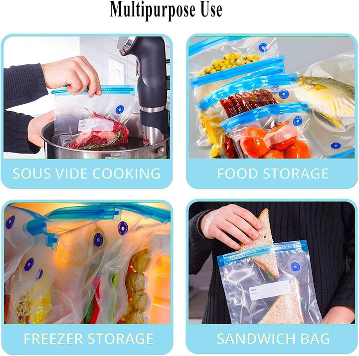 Sous Vide Beutel 15 Stück Wiederverwendbare Vakuum Lebensmittellagerbeutel mit 1 Handpumpe, 4 Versch