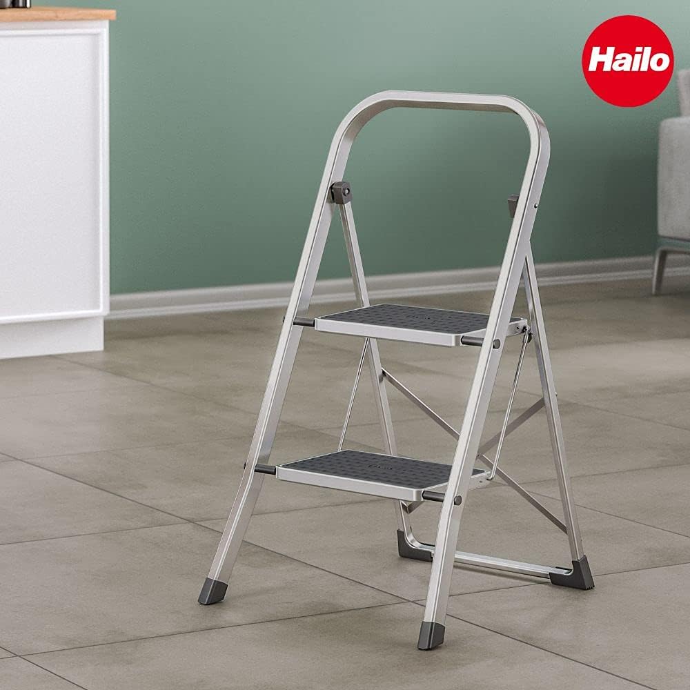 Hailo K70 StandardLine Alu-Klapptritt-Leiter - 2 grosse Stahl-Stufen mit Anti-Rutsch-Matten belastba