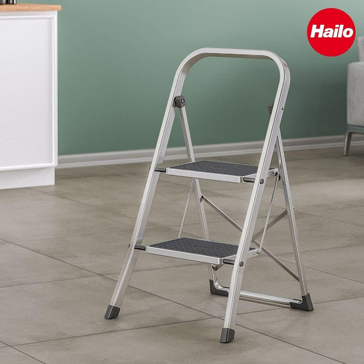 Hailo K70 StandardLine Alu-Klapptritt-Leiter - 2 grosse Stahl-Stufen mit Anti-Rutsch-Matten belastba