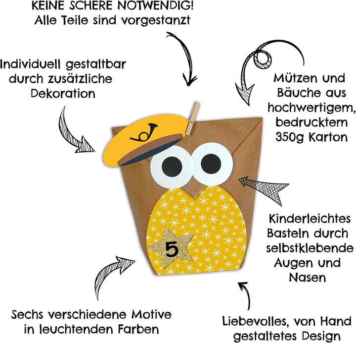Papierdrachen DIY Adventskalender zum Befüllen - Weihnachtseulen - Eulen Weihnachten - Set Gelb Bunt