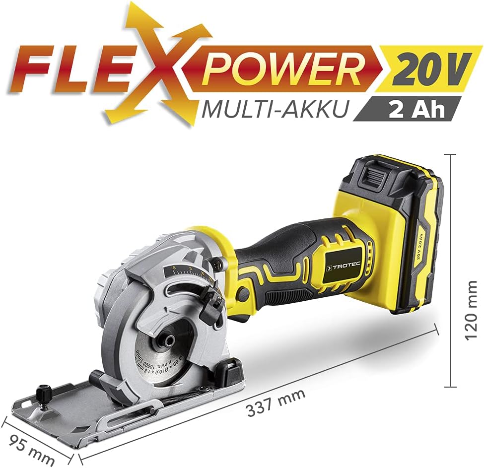 TROTEC Akku-Mini-Handkreissäge PCSS 05‑20V mit einer Schnitttiefe zwischen 0 und 28,5 mm, Leerlaufdr