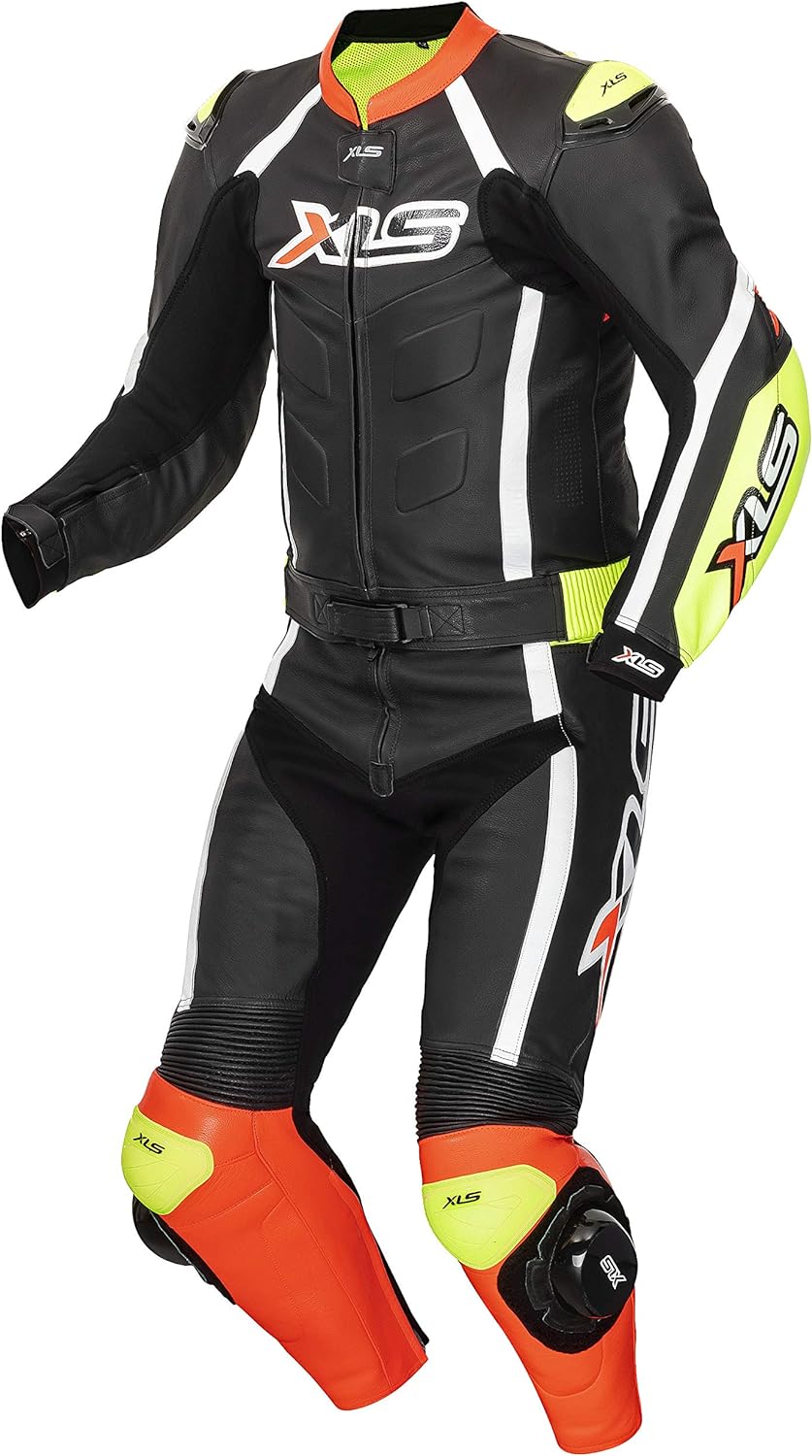 XLS Lederkombi hochwertiger Zweiteiler Schwarz Rot Neongelb zweiteilig Motorradkombi (48), 48