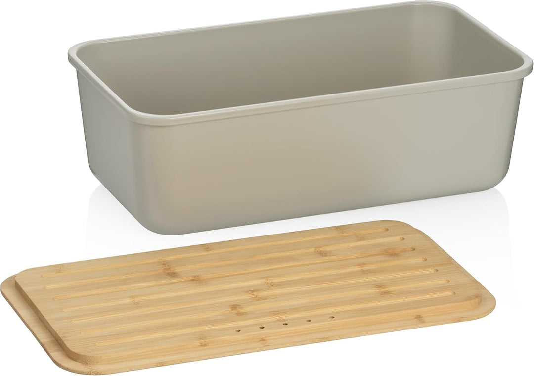 kela Brotkasten weiss mit Lüftungslöcher 38x21x12,5cm, FSC Bambusdeckel als Schneidebrett, Brotbox K