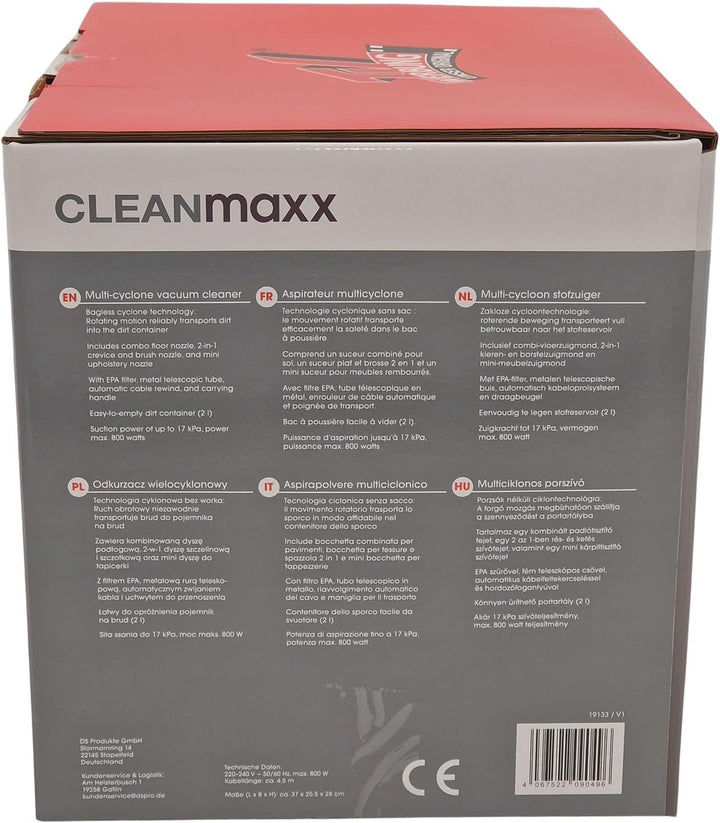 CLEANmaxx Multi-Zyklonstaubsauger 800 W beutellos mit EPA-Filter | 17 kPa Saugkraft | 2 l Staubbehäl
