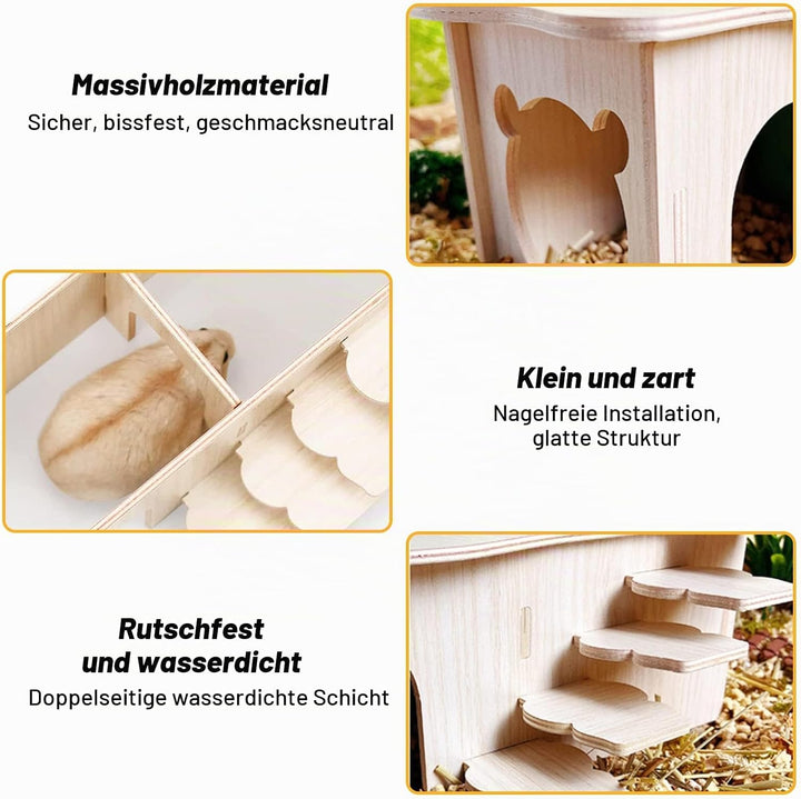 Vegena 2 Stück Hamster Haus, Hamster Haus aus Holz, Hamster Mehrkammernhaus, Hamster Eckhaus Holz Ha