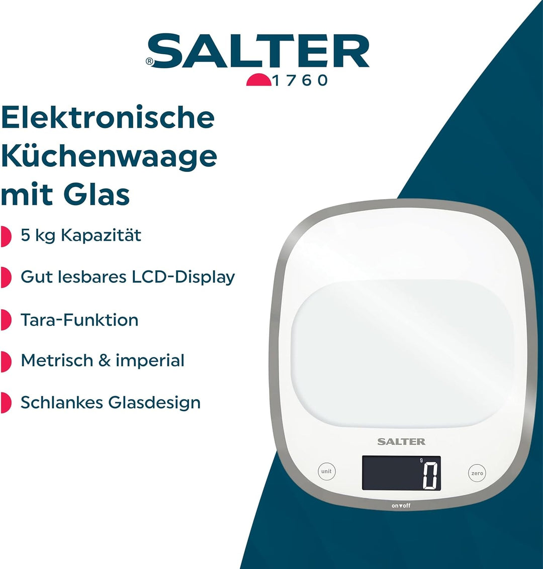 Salter 1050 WHDR Curve Digitale Küchenwaage Weiss, Schlankes Glas elektrische küchenwaagen, grosse O