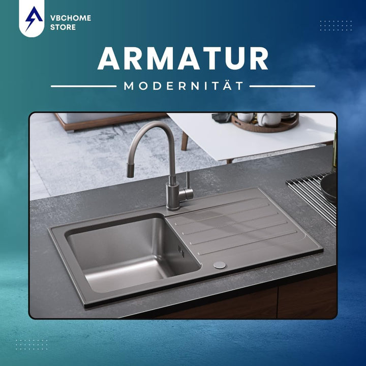 VBChome Küchenarmatur mit flexibler Grau Silikonbrause – Flexibler Wasserhahn mit Einhebelmischer fü