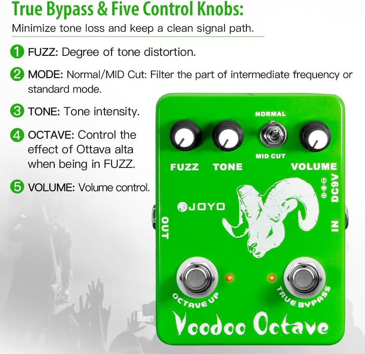JOYO Octave Fuzz Pedal Germanium Fuzz 60er Rock-Effekt mit „Mid-Cut“ für E-Gitarre – True Bypass (Vo