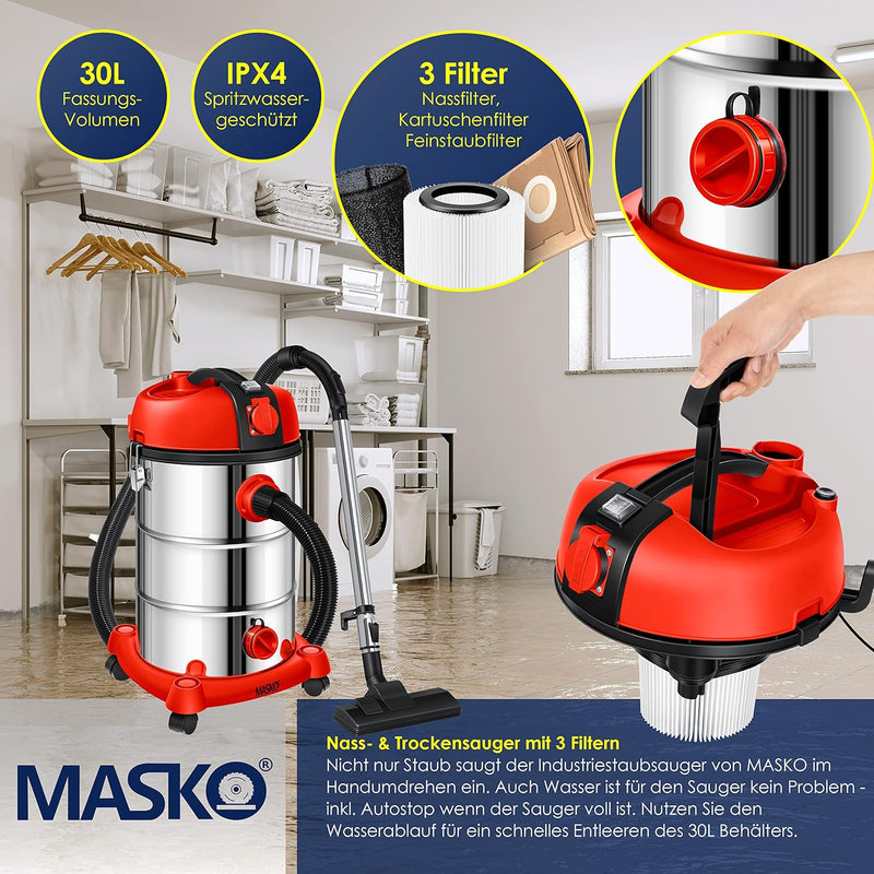 Masko® Industriestaubsauger Staubsauger Nass Trocken Sauger Edelstahl 2300W + Steckdose | Blasfunkti