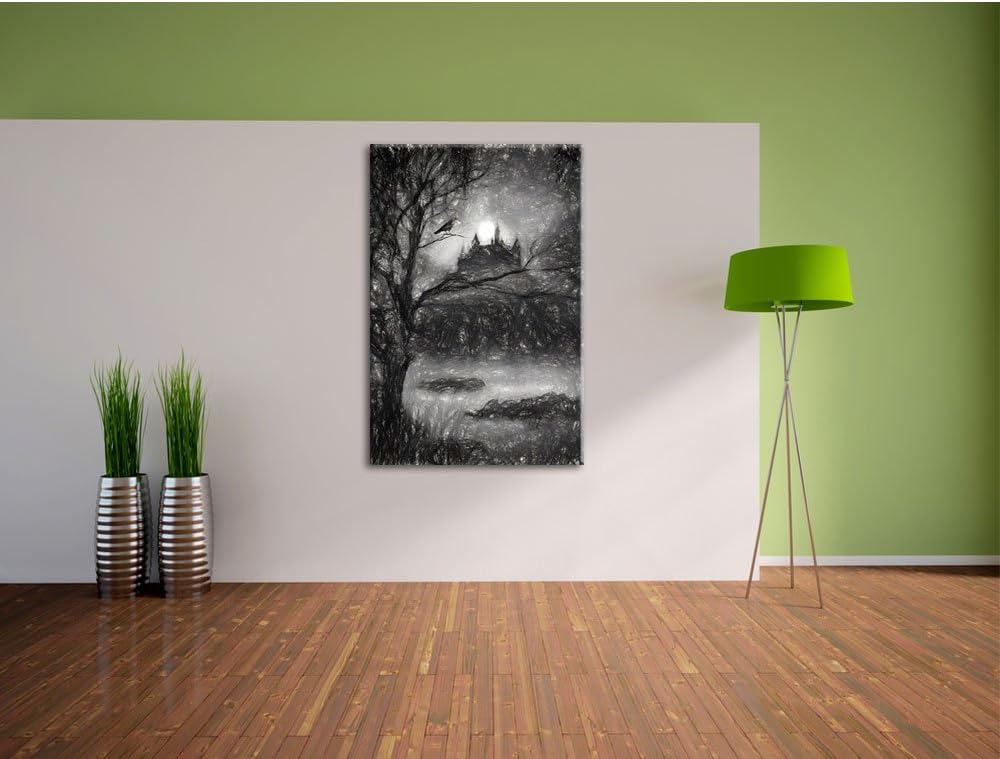 düstere Burg Kohle Effekt, Format: 100x70 auf Leinwand, XXL riesige Bilder fertig gerahmt mit Keilra