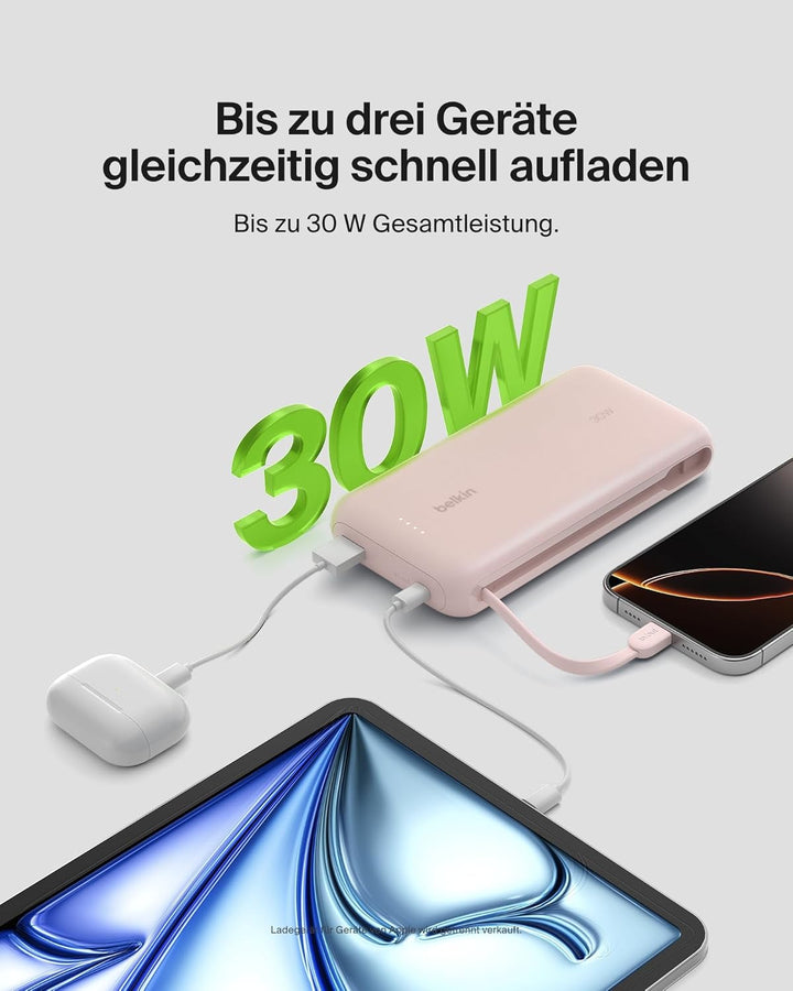 Belkin Portable Powerbank zum Schnellladen mit integriertem Kabel 20K PD 30 W, USB-C Power Delivery,