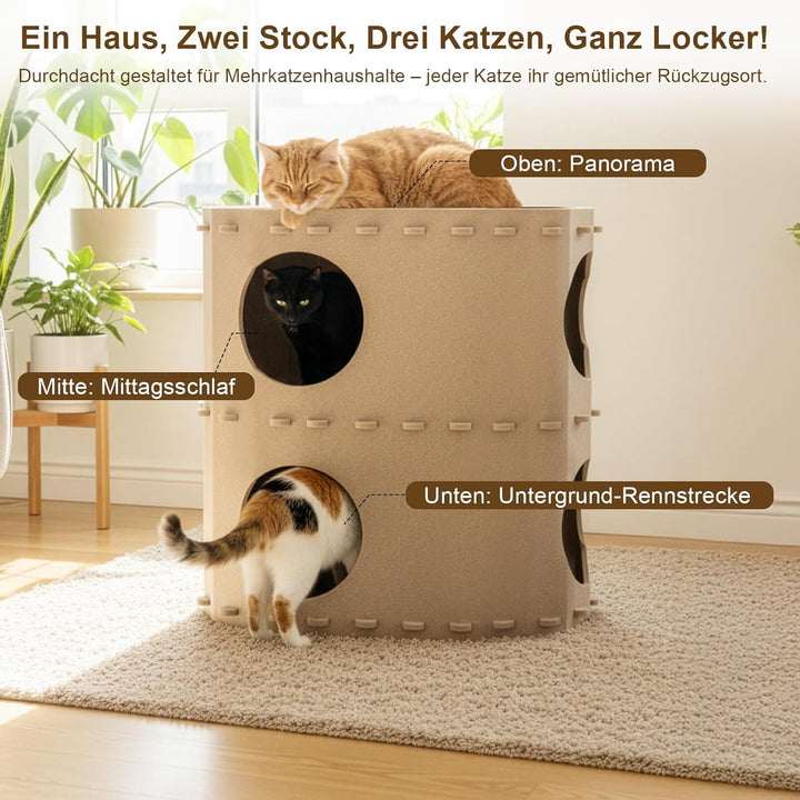 Filz Katzenhöhle Katzenbett Höhle Doppelbett Katzenhaus Stabiler Kratzschutz, Waschbare Kissen, Katz