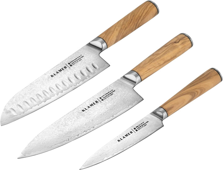 KLAMER Premium Damastmesser echter japanischer Stahl (3er Messerset) 3er Premium Damast Messerset Se