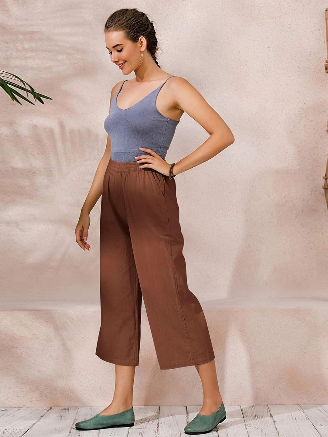 Ecupper Capris Hose Damen Sommer Übergrösse Baumwolle Lässig Hose Stoffhose Weitehosen S Braun, S Br
