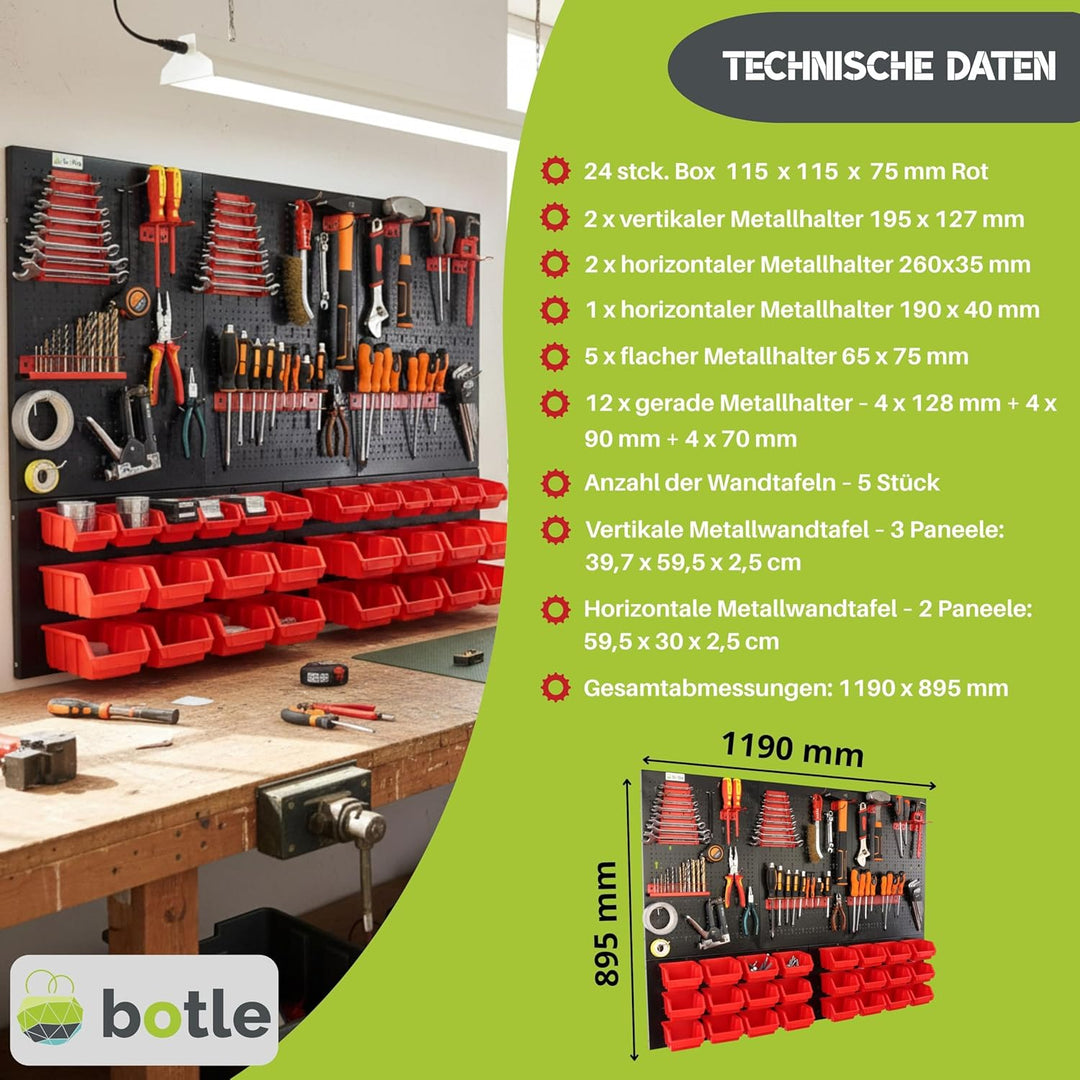 botle® Werkzeugwand Lochwand aus Metall, Stapelboxen + Wandregal + Werkzeughalter 51-tlg Set, Kleint