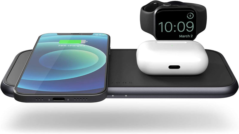 ZENS Dual+Watch 2x10W Aluminium 4in1 kabelloses Ladegerät (Apple & Samsung Fast Charging, Qi/MFi-Zer