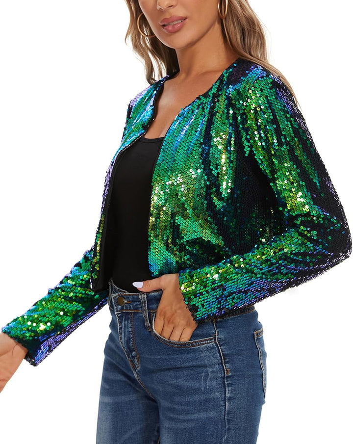 MINTLIMIT Damen Pailletten Strickjacke Kurz Offene Cardigan Langarm Bolero Dünne Elegant Hakenversch