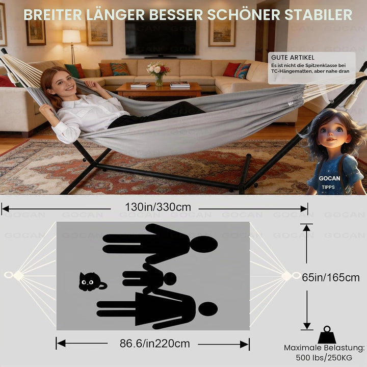 GOCAN Hängematte Outdoor 2 Personen 220x150cm Gesamtlänge 330cm Last 300kg Leinwand-Baumwoll -hängem
