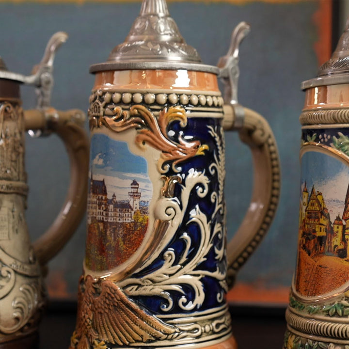 NENBOLEC Bierkrug mit Zinndeckel Bierseidel Steinkrug Gravur Deutsch Schloss Beer Stein 0.7L