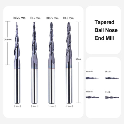 SpeTool 4 Stück 2 Flöten Kugelkopffräser mit Konischer Spitze Fräser CNC R0,25mm-1,0mm Gravierfräser