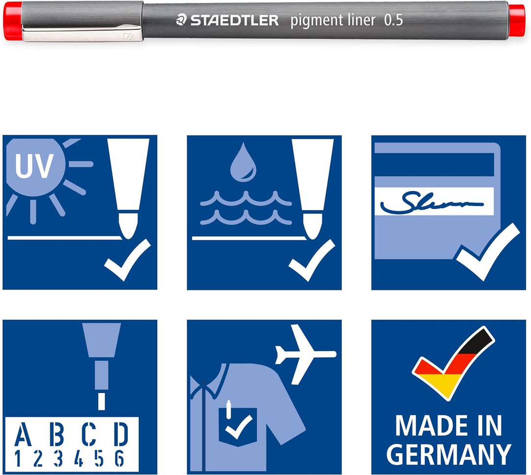 STAEDTLER bunte pigment liner, dokumentenechte Pigmenttinte, lange Metallspitze, Linienbreite 0,5mm,