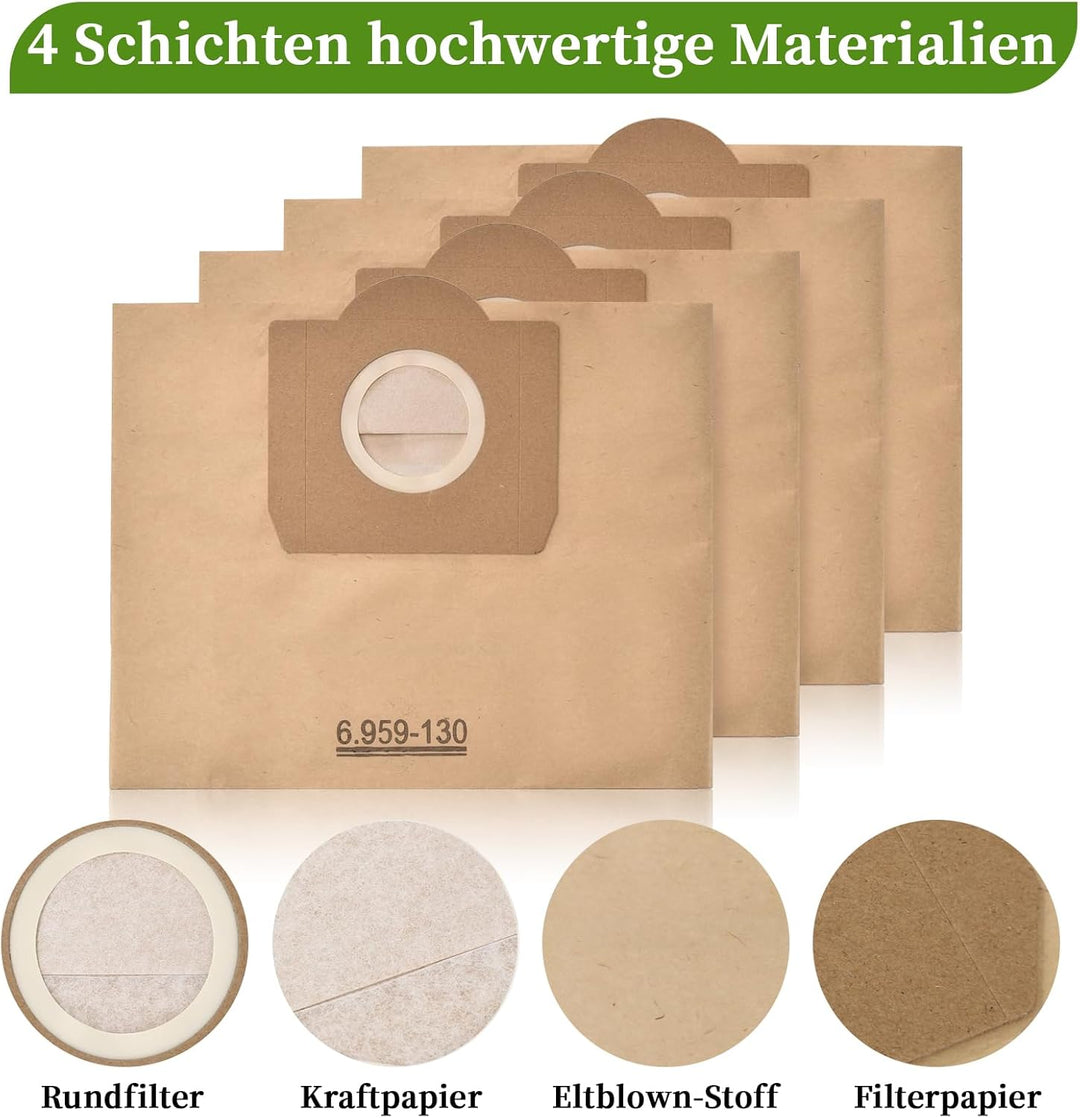 15 Stück Papierfilterbeutel für Kärcher 6.959-130.0, WD3 Staubsaugerbeutel Papier Filtertüten Beutel
