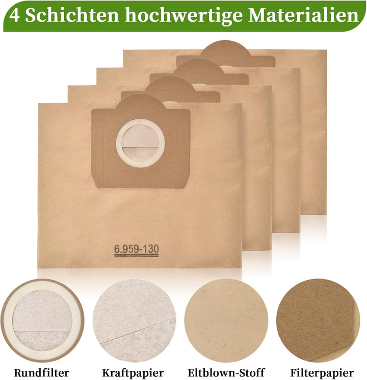 15 Stück Papierfilterbeutel für Kärcher 6.959-130.0, WD3 Staubsaugerbeutel Papier Filtertüten Beutel