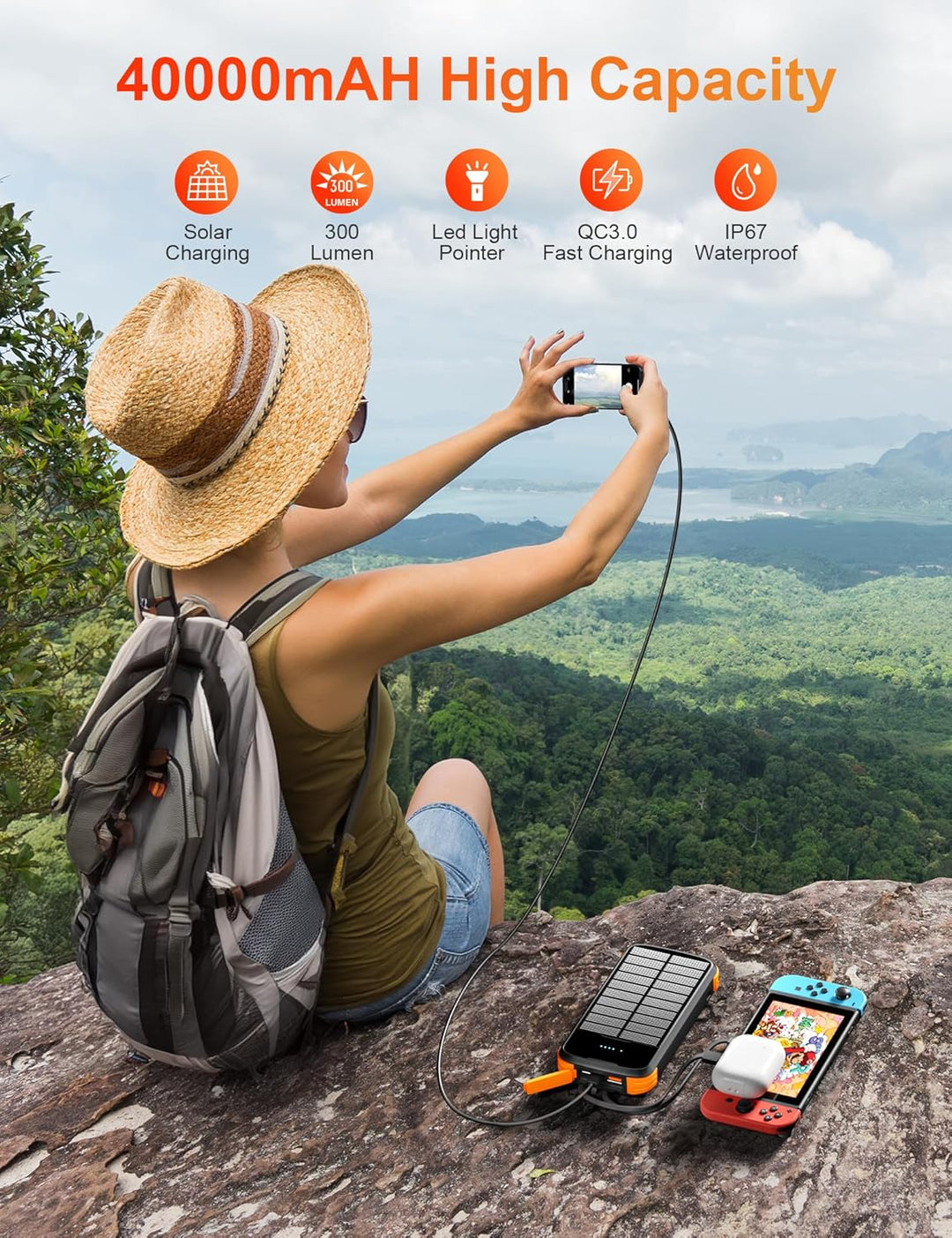 MINRISE Solar Power Bank 40000mAh, Tragbares Ladegerät PD 20W Schnellladegerät Solar Ladegerät Power