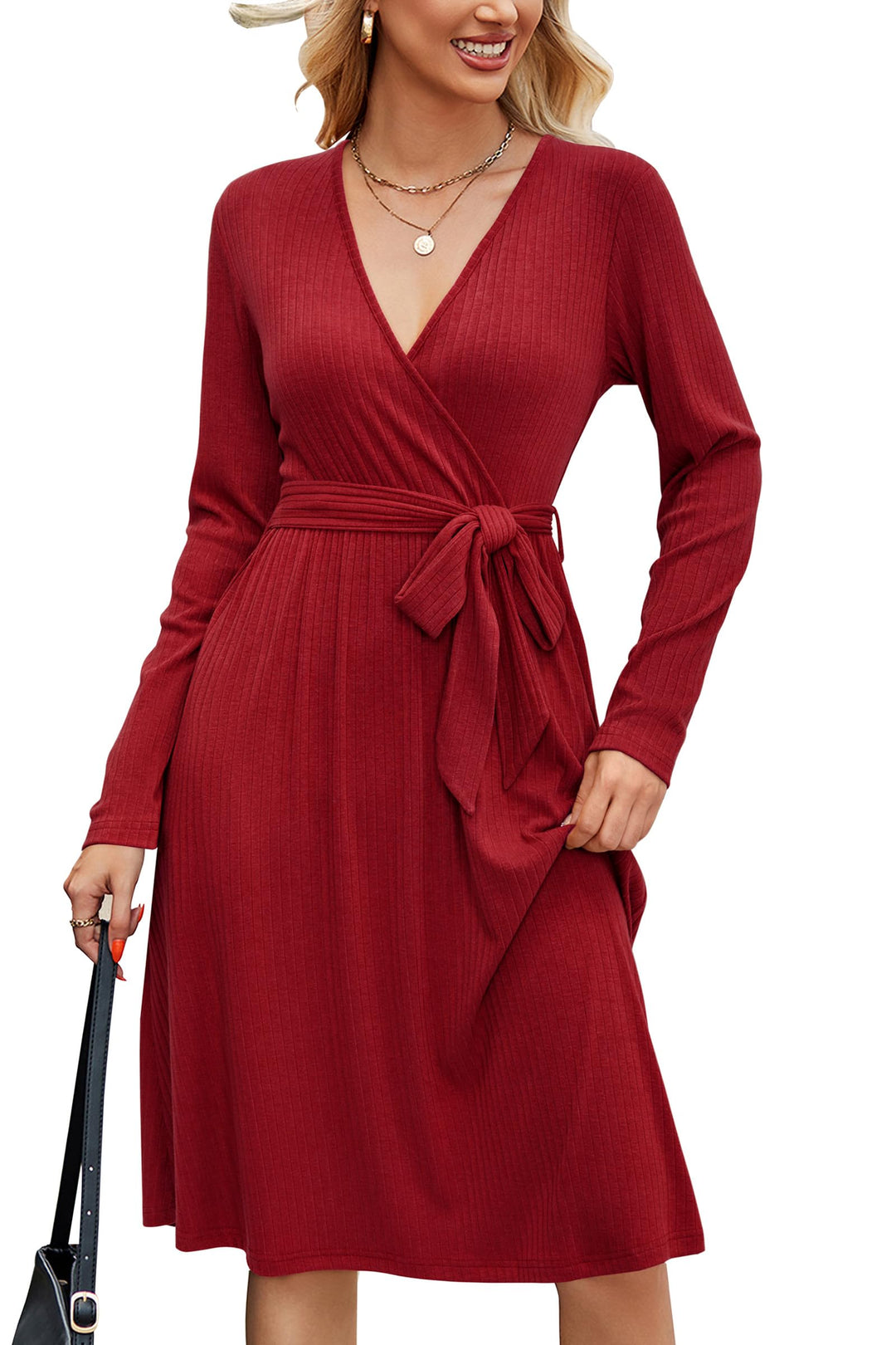 Newshows Strickkleid Damen Herbstkleid V Ausschnitt Pulloverkleid Winterkleid Kleid mit Taschen für