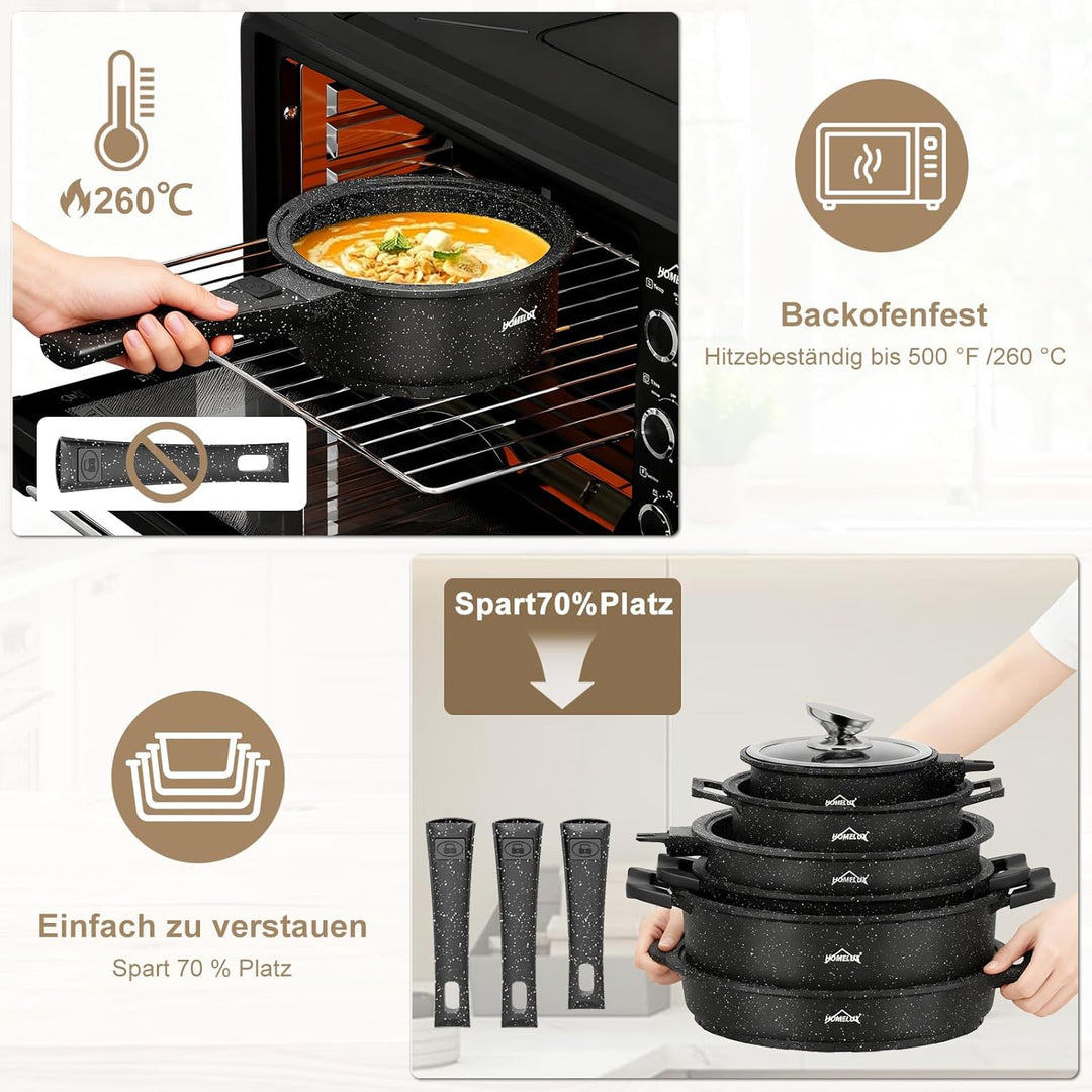 HOMELUX Topfset Induktion mit Abnehmbarer Griff,10-TLG Topf und Pfannenset, Pfanne 24/28cm,Milchtopf